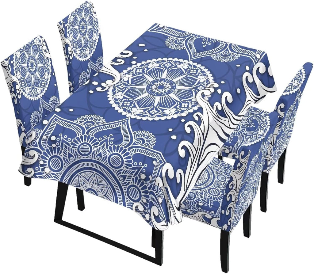 5 Pack Dining Table Cloth Rectangle 4 Seater Includes Kitchen Chair Covers, Stretch Seat Covers for Dining Chairs Anti-dust Washable Table Protector, Tribe Aztec Geometry Print