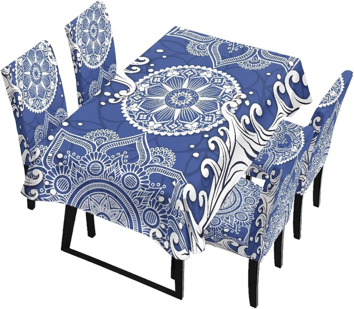 5 Pack Dining Table Cloth Rectangle 4 Seater Includes Kitchen Chair Covers, Stretch Seat Covers for Dining Chairs Anti-dust Washable Table Protector, Tribe Aztec Geometry Print