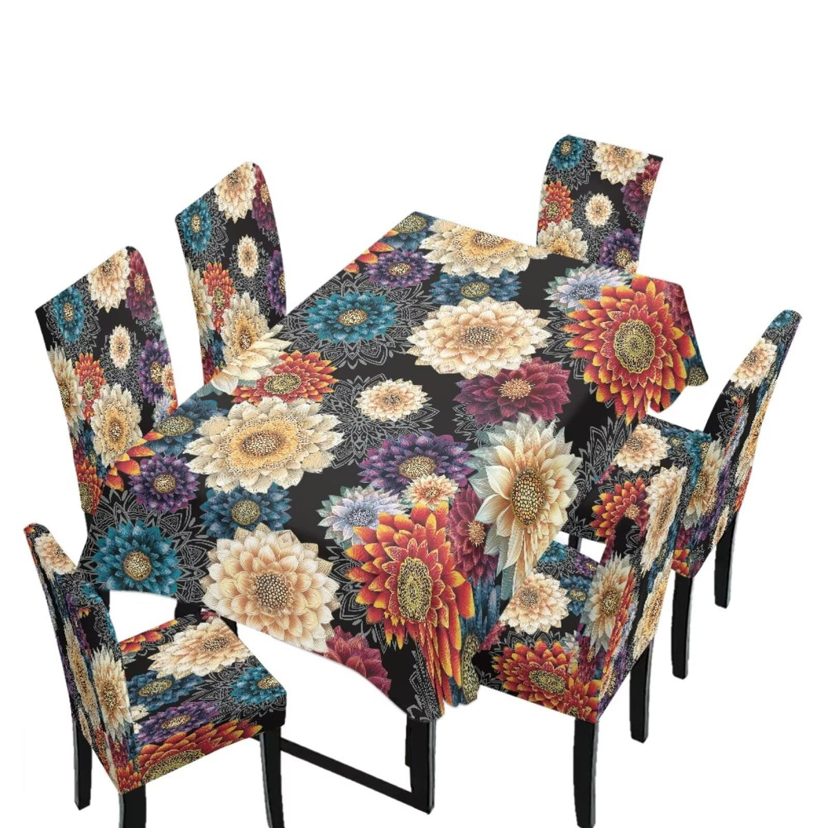 Easter Table Cloth Rectangle Table Set of 7 Include Kitchen Chair Covers and Tablecloths for Dining Room Banquet, Chair Seat Protector Cover, Easter Egg Bunny Floral Print Yellow