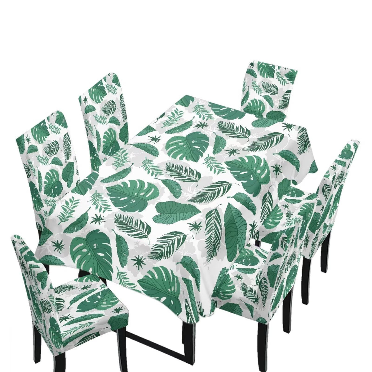 Palm Leaves Rectangular Table Cloth & Dining Chair Covers Set of 5, Stain Resistant Wipeable Chair Protectors for Farmhouse Rustic Home Kitchen Party Decor