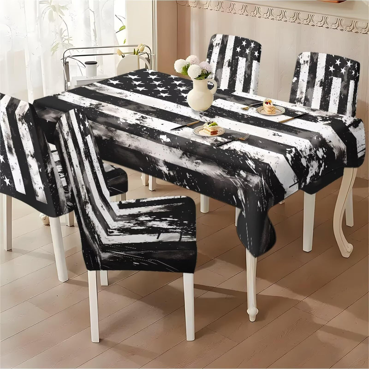 Thanksgiving Themed Dining Room Chair Cover and Tablecloths 5 Packs, Fall Leaf Print Kitchen Chair Seat Slipcovers Anti-Wrinkle Table Protector for Thanksgiving Day Party