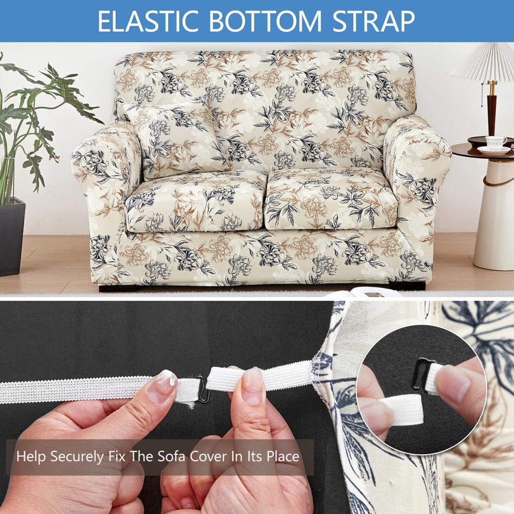 Stretch Printed Sofa Cover Couch Covers, 4-PieceLoveseat Slipcovers with 2 Separate Cushion Cover & 1 Pillow Case, Washable Soft Spandex Furniture Protector for Living Room(Loveseat, Flower)
