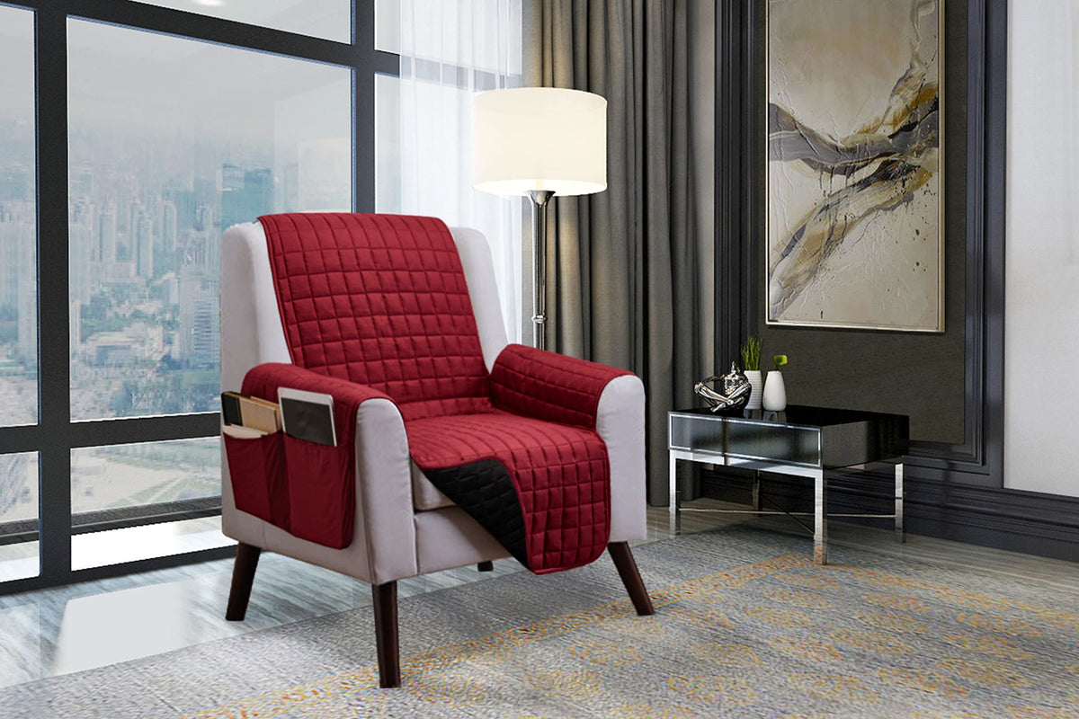 Elegant Comfort Quilted Furniture Protectors Solid and Printed Design Reversible Slipcovers Featuring Elastic Straps and Smart Pockets Great for Pets, Kids and More, Loveseat, Burgundy/Black