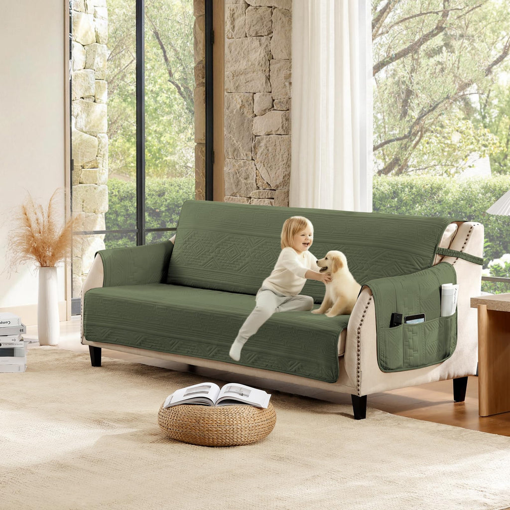 Boho Olive Green Loveseat Covers for 2 Cushion Couch, Water-Repellent Aztec Covers for Love Seat, Washable Quilted Couch Covers, Pet Friendly Loveseat Slipcovers (Loveseat 48", Olive Green)