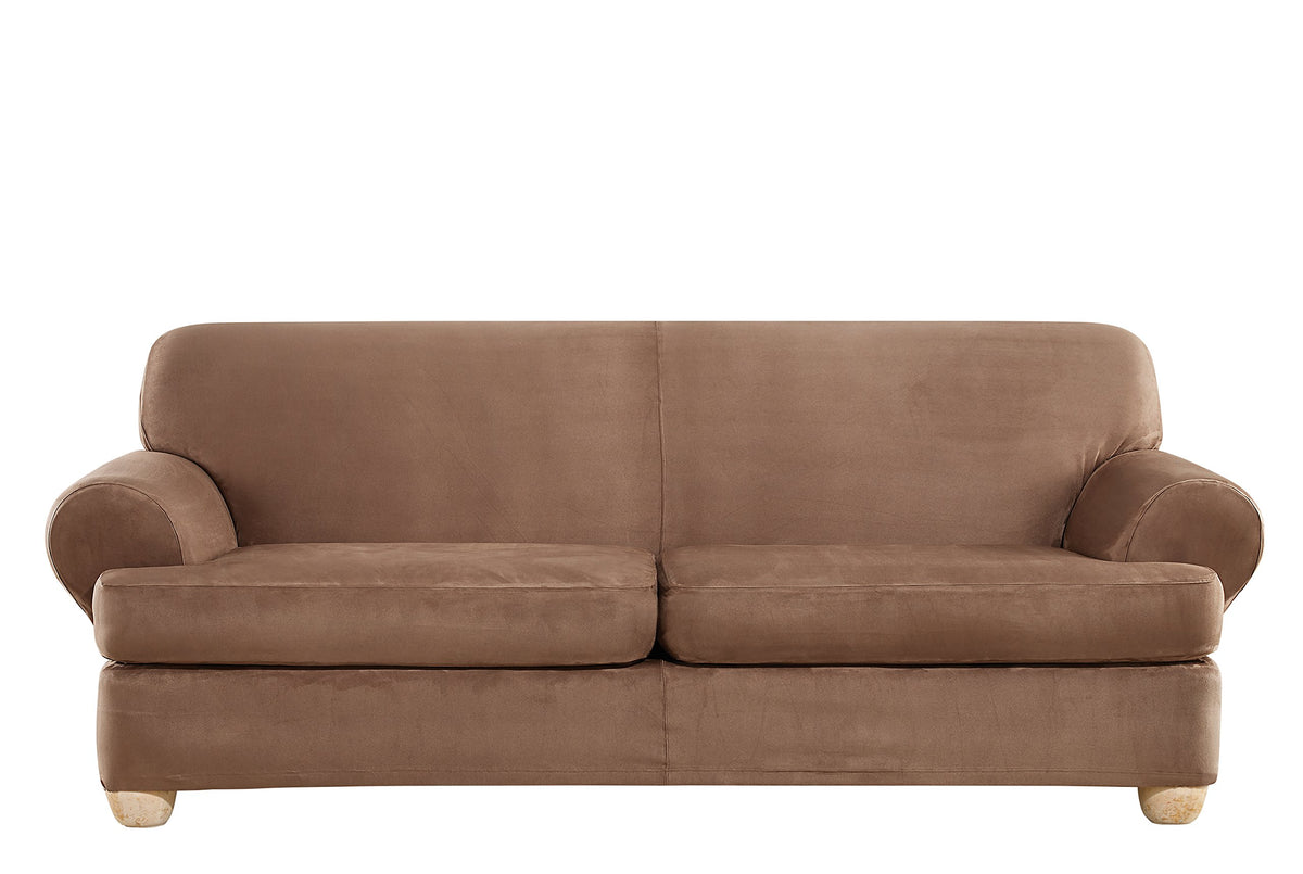 SureFit Home Décor Soft Suede Box Cushion Loveseat One Piece Slipcover, Relaxed Fit, Polyester, Machine Washable, Chocolate Color