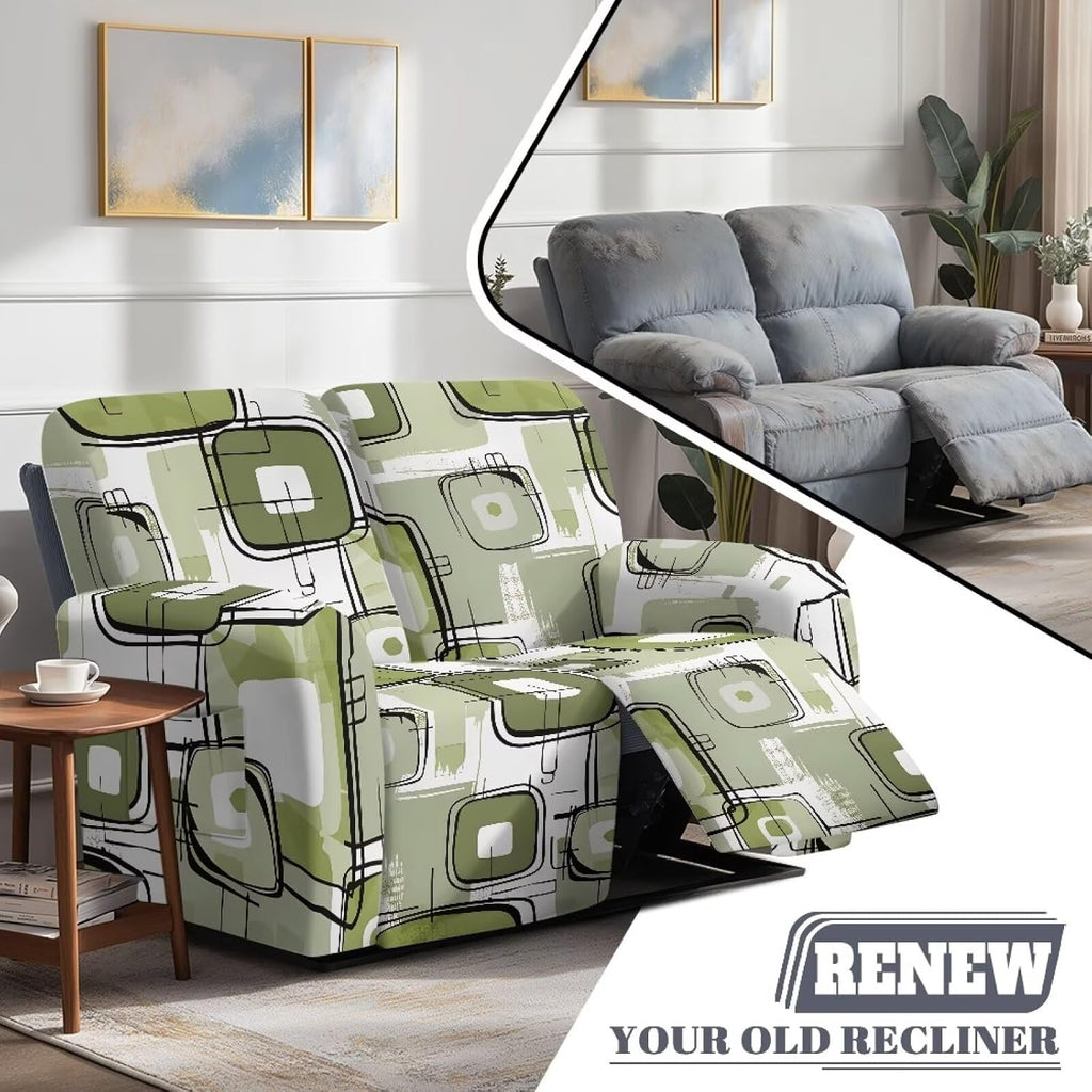 6 Pieces Stretch Recliner Loveseat Covers, Mid-Century Modern Geometric Washable Slipcovers Soft Furniture Protectors with Elastic Bottom for Kids and Pets 2 Seater