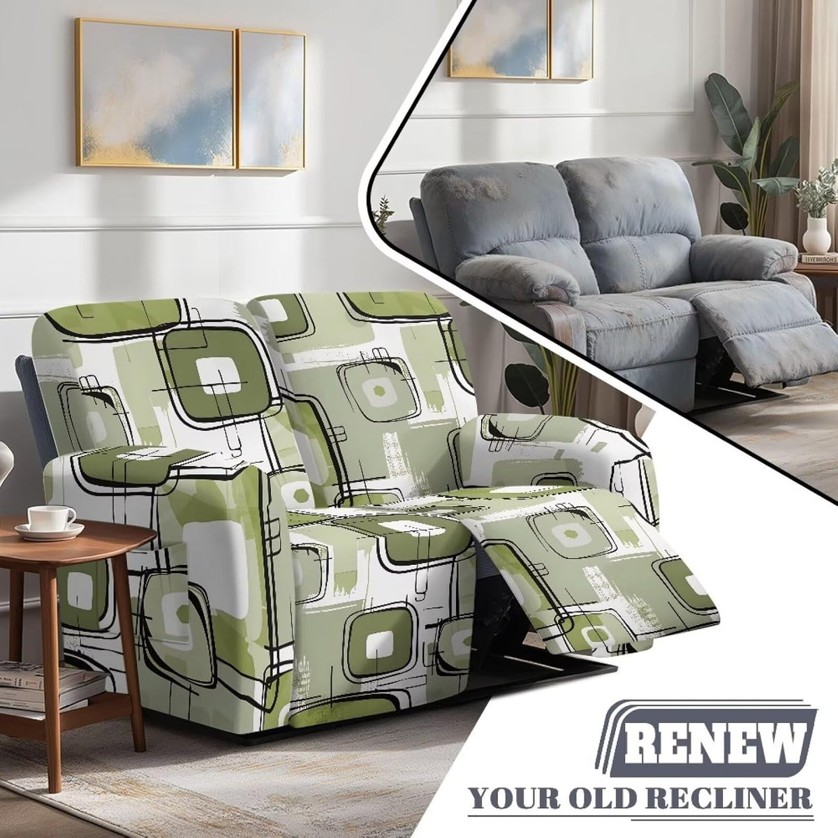 6 Pieces Stretch Recliner Loveseat Covers, Mid-Century Modern Geometric Washable Slipcovers Soft Furniture Protectors with Elastic Bottom for Kids and Pets 2 Seater