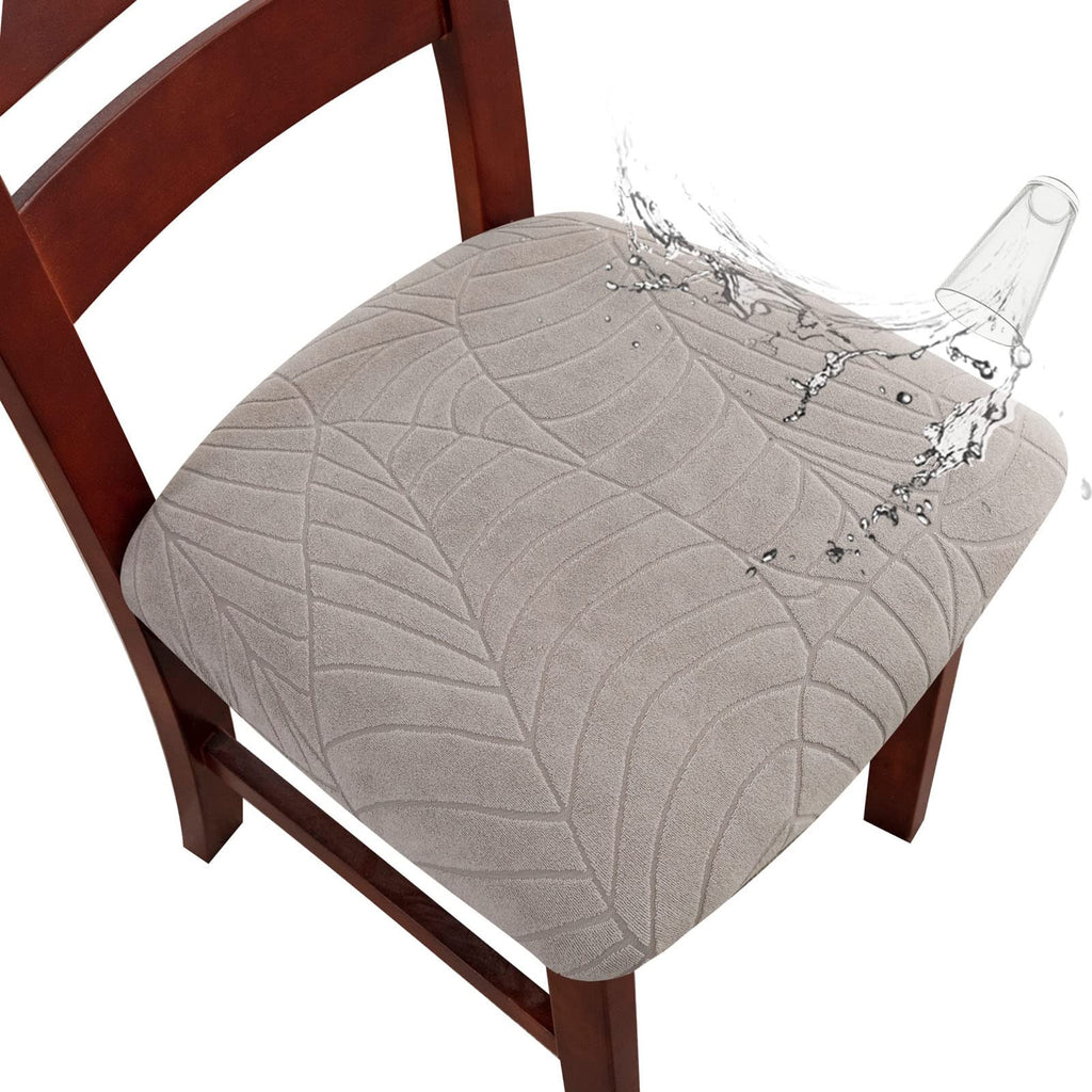 Genina Waterproof Seat Covers for Dining Room Chairs, Stretch Chair Seat Covers Removable Washable Dinning Room Kitchen Chair Cushion Slipcovers (Leaves-Taupe, 4 PCS)