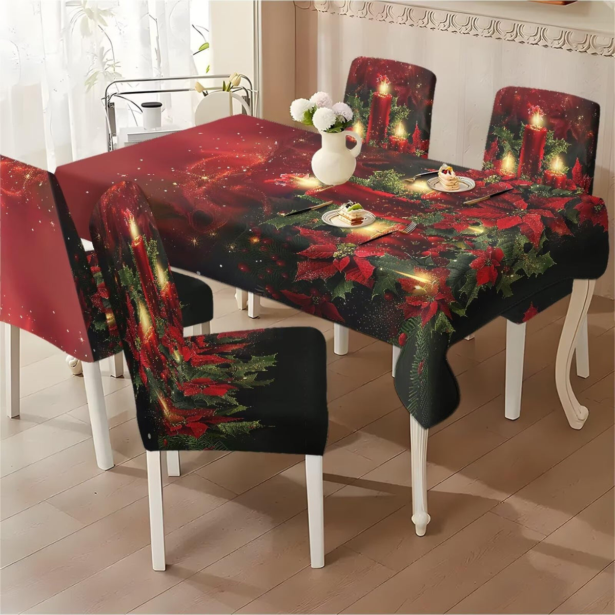 Thanksgiving Themed Dining Room Chair Cover and Tablecloths 5 Packs, Fall Leaf Print Kitchen Chair Seat Slipcovers Anti-Wrinkle Table Protector for Thanksgiving Day Party