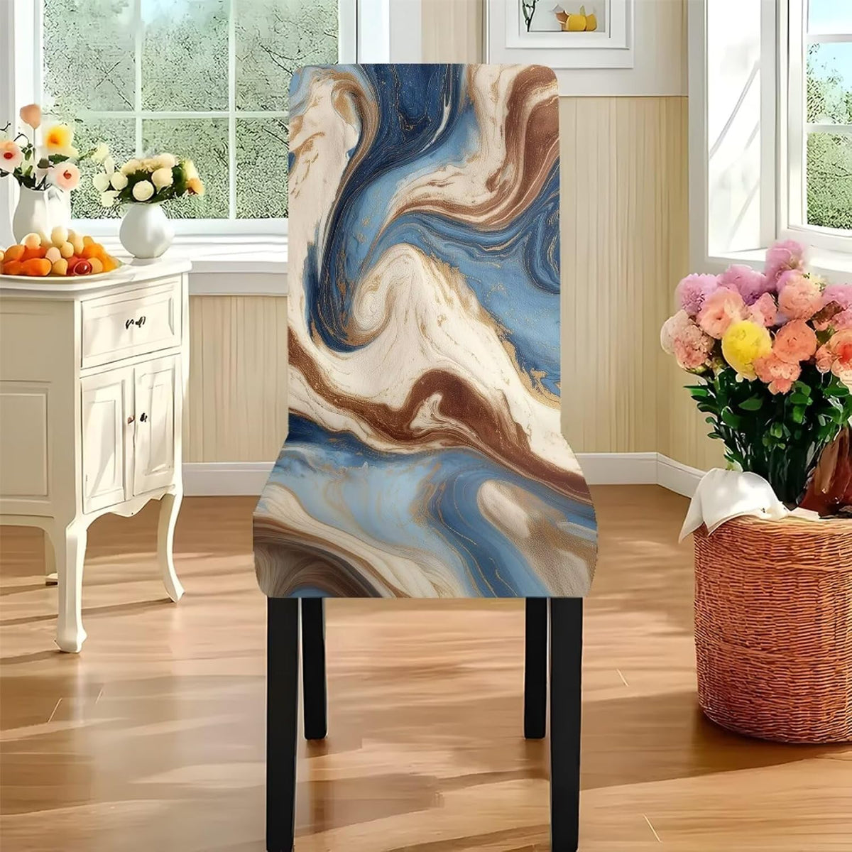 5 Pack Dining Room Chair Cover Set and Table Cloth Rectangle, Dust Proof Machine Washable Tablecloths Comfortable Chair Seat Slipcovers for Restaurant Decor, Abstract Fluid Marble