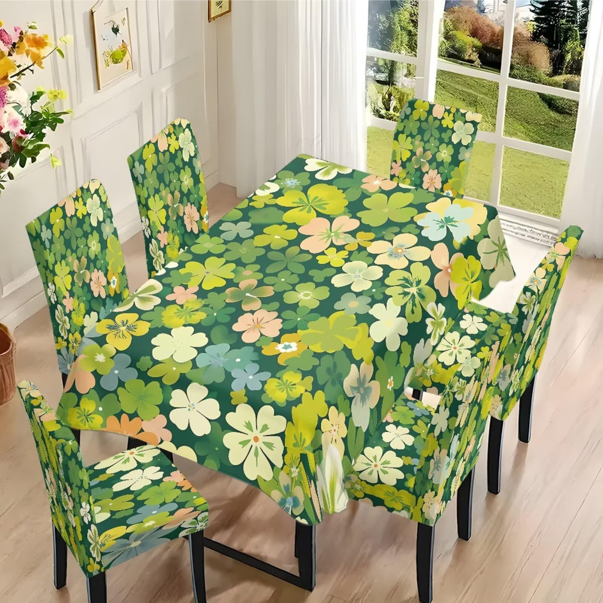 ZDCUSTOM St Patricks Day Table Cloth and Chair Cover Set of 4 Light Green Tablecloths Rectangular Clover Chair Covers for Dining Chairs Stain Resistant Decoration