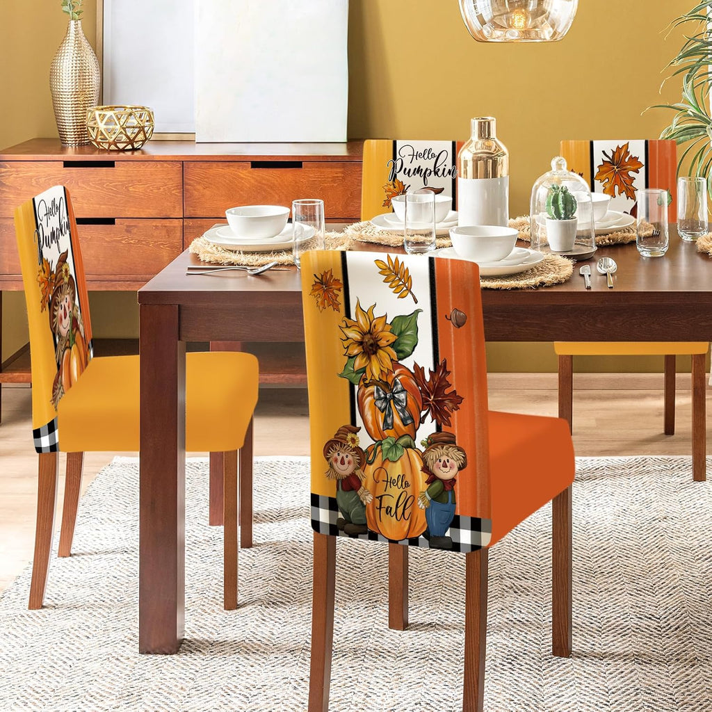 Chair Covers Set of 6 Dining Protector Stretch Autumn Pumpkin Scarecrow Maple Leaves Slipcovers Removable Washable for Dining Hotel Party Wedding