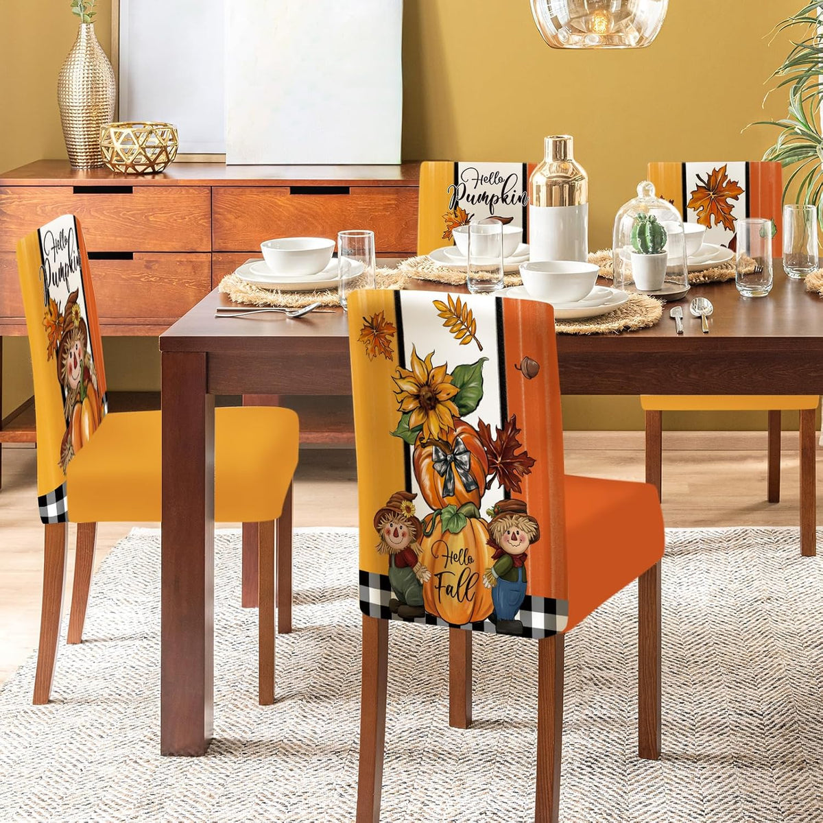 Chair Covers Set of 6 Dining Protector Stretch Autumn Pumpkin Scarecrow Maple Leaves Slipcovers Removable Washable for Dining Hotel Party Wedding