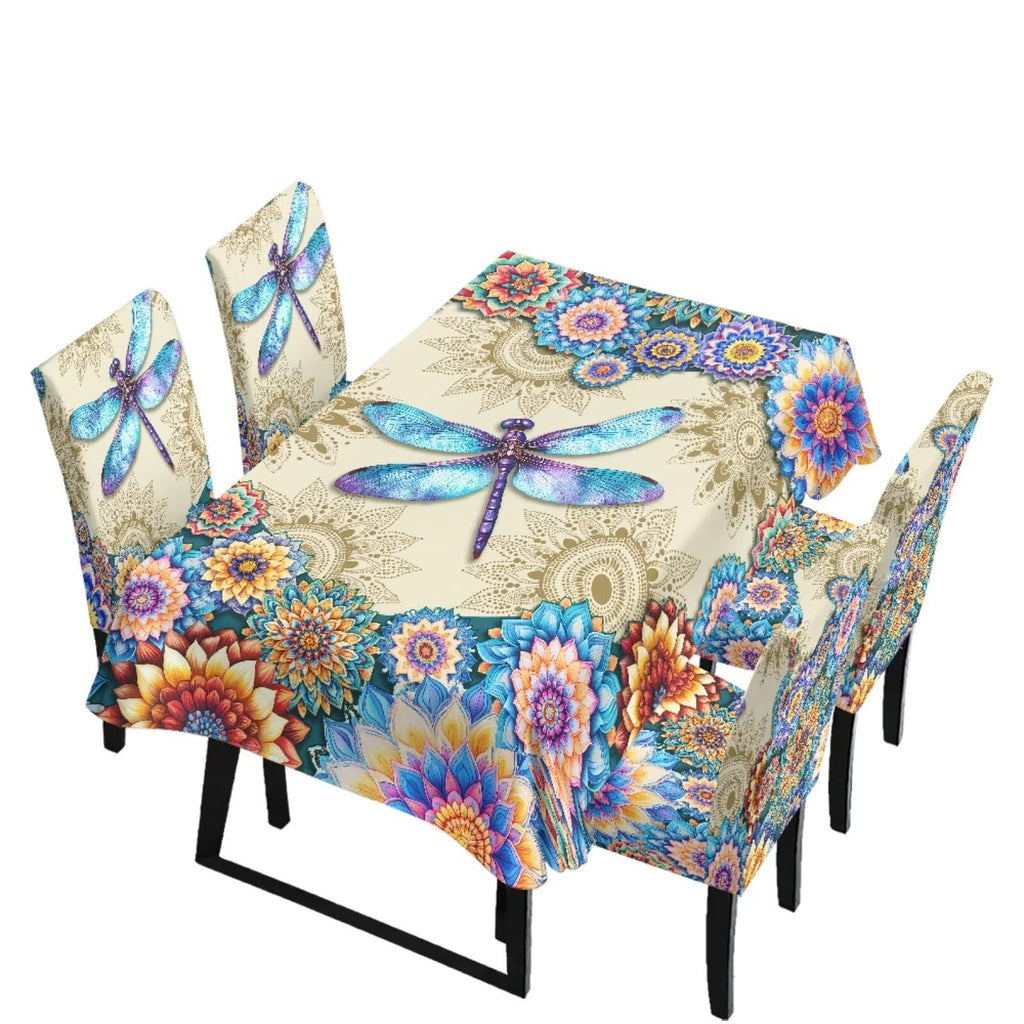 Table Cloth Rectangle Table Set of 7 Include Kitchen Chair Covers and Tablecloths for Dining Room Hotel Banquet, Anti-Scratch Chair Seat Protector Cover, Daisy Hippie Flower Print