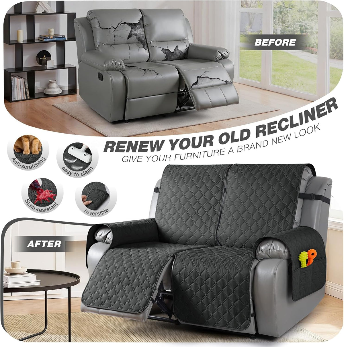 TAOCOCO 100% Waterproof Loveseat Recliner Covers Reversible, Charcoal Gray