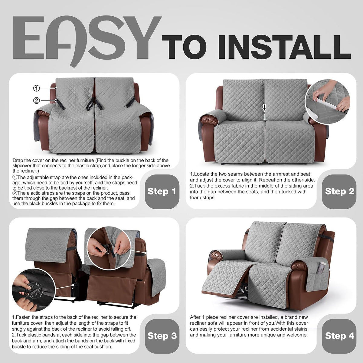 KinCam Waterproof Loveseat Recliner Covers Washable, 2 Seater, Light Gray