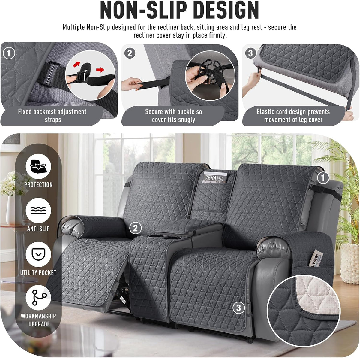 TAOCOCO 100% Waterproof Loveseat Recliner Cover with Console, Stay in Place