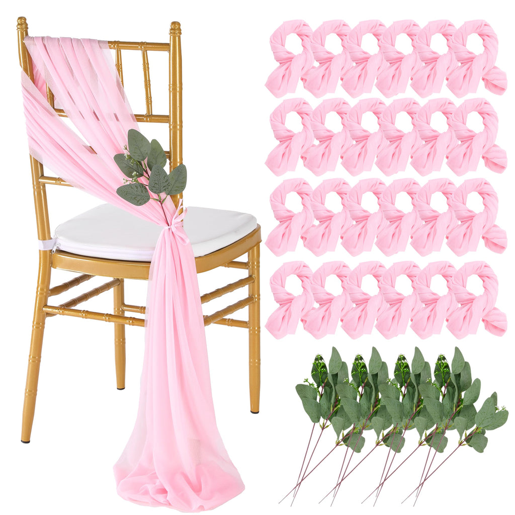 QueenDream White Chair Sashes Wedding Aisle Decorations: 24 Packs 8ft Long Draping Fabric Sheer Church Chair Cover Bulk for Party Banquet