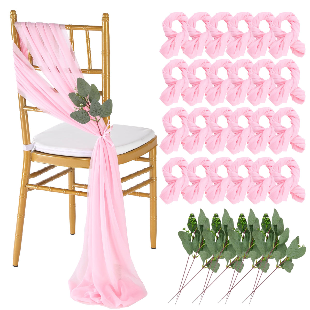 QueenDream White Chair Sashes Wedding Aisle Decorations: 24 Packs 8ft Long Draping Fabric Sheer Church Chair Cover Bulk for Party Banquet