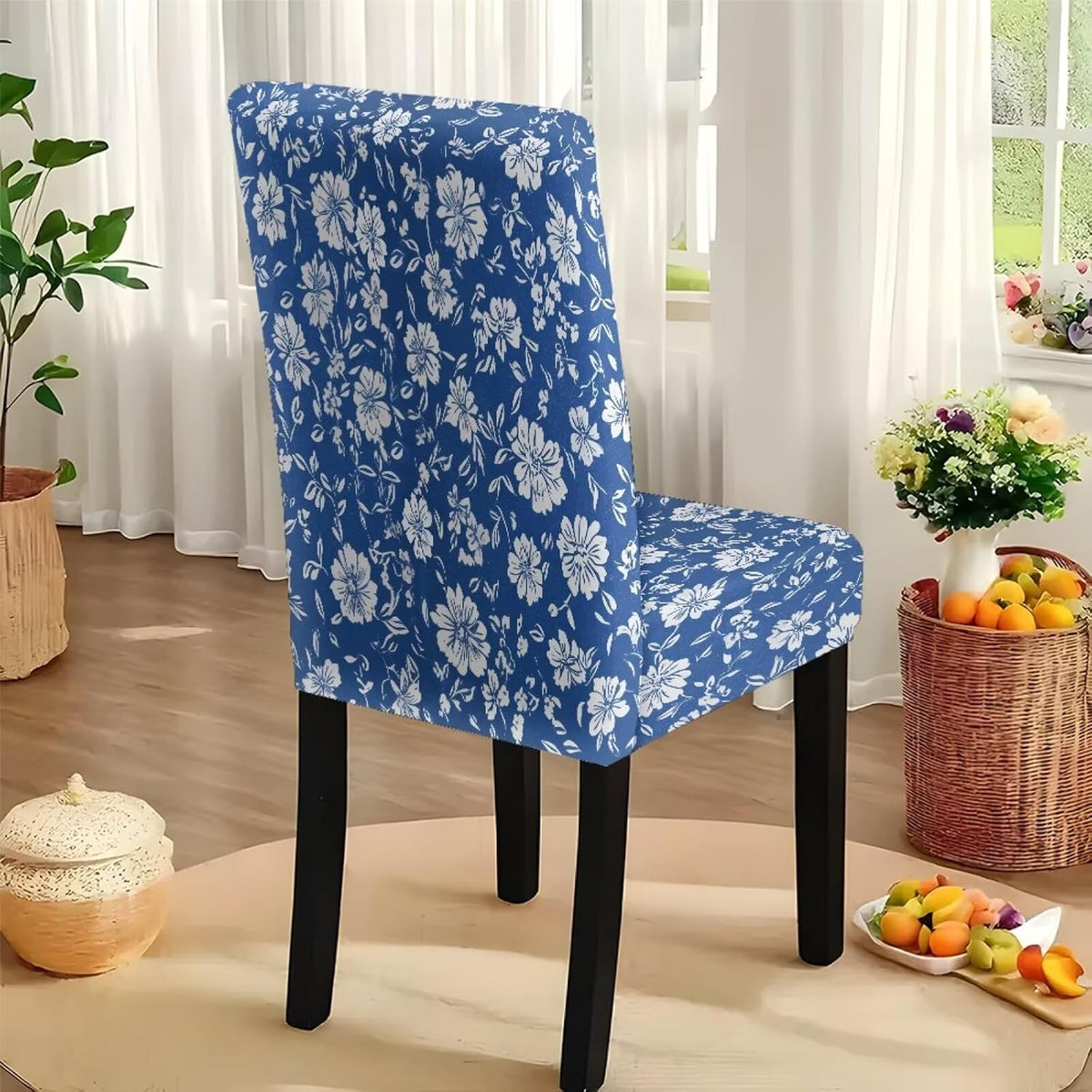 Table Cloth and Dining Chair Covers Set of 5, Kitchen Chair Slipcovers Rectangle Table Cover, Removable Anti-dust Tablecloths Stain Resistant Soft Hotel Decor, Blue Retro Floral