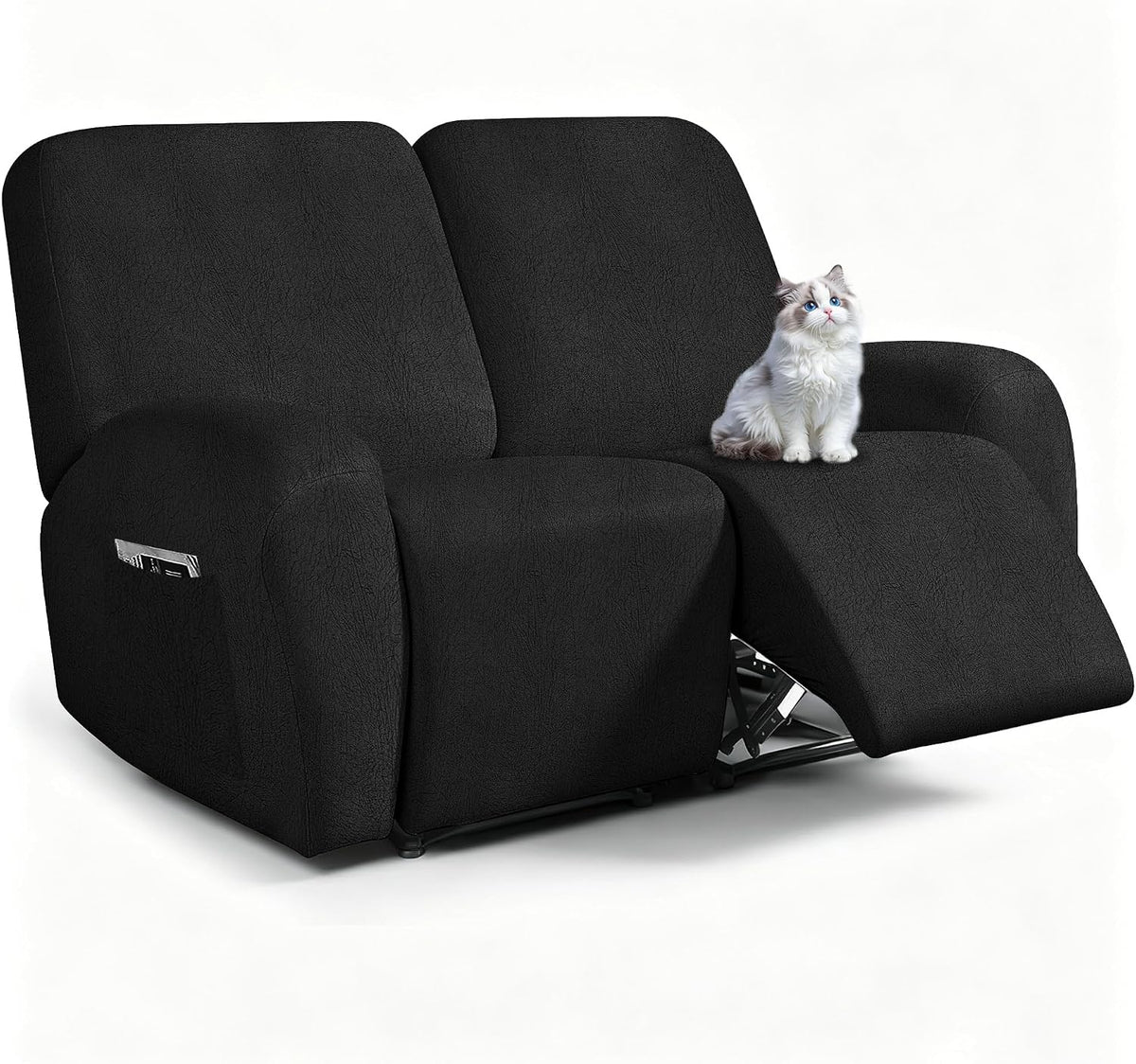 ANARACHON Leather Look Loveseat Recliner Cover, 6-Pieces Stretch Dual Recliner Sofa Covers, Soft Reclining Couch Slipcover, Washable Furniture Protector for Pets (2 Seater,256 Black)