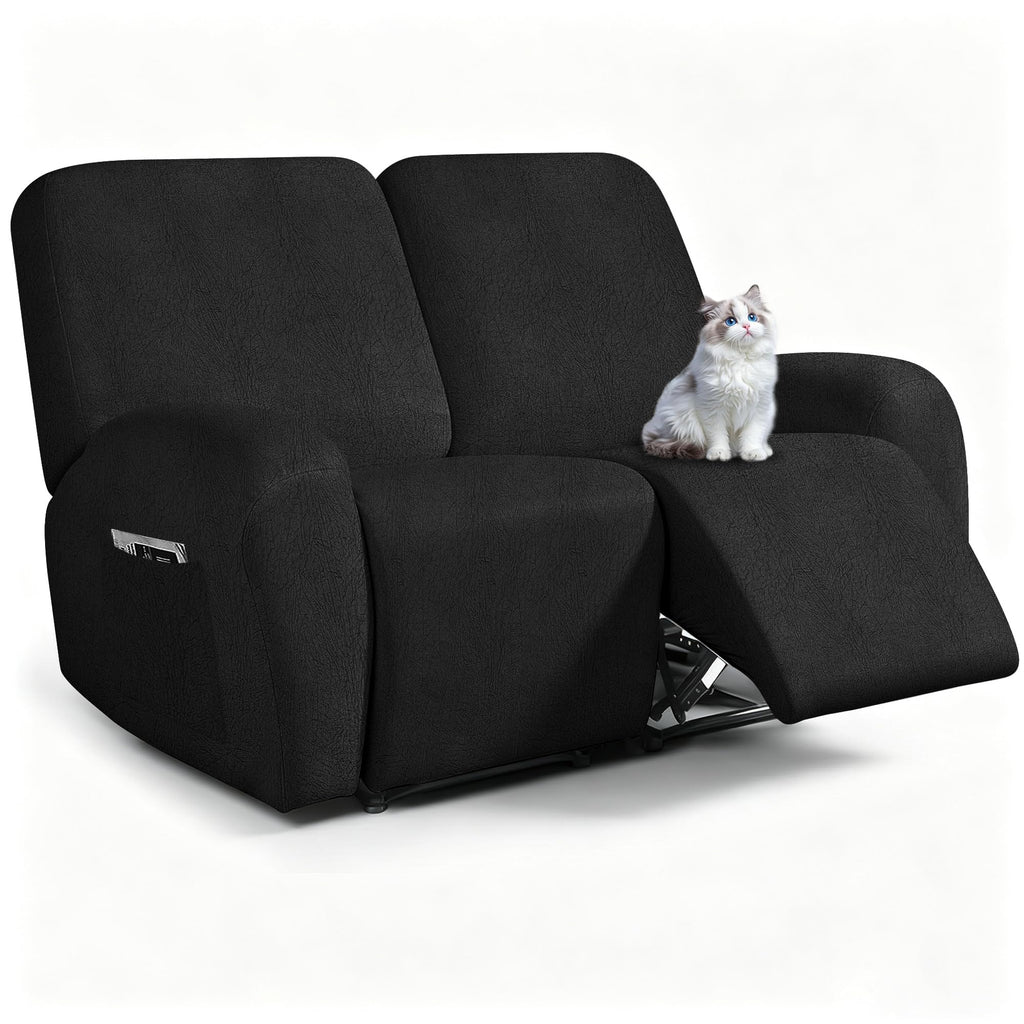 ANARACHON Leather Look Loveseat Recliner Cover, 6-Pieces Stretch Dual Recliner Sofa Covers, Soft Reclining Couch Slipcover, Washable Furniture Protector for Pets (2 Seater,256 Black)