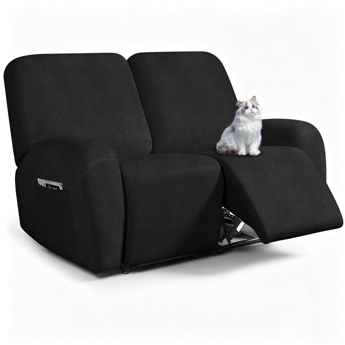 ANARACHON Leather Look Loveseat Recliner Cover, 6-Pieces Stretch Dual Recliner Sofa Covers, Soft Reclining Couch Slipcover, Washable Furniture Protector for Pets (2 Seater,256 Black)