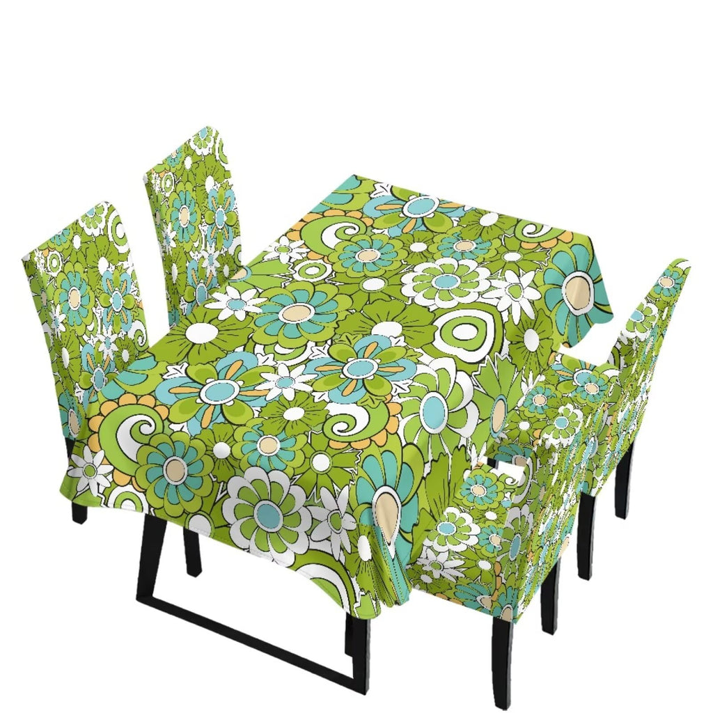 Table Cloth Rectangle Table Set of 5 Include Dining Chair Covers and Tablecloths for Dining Room Banquet, Anti-Scratch Chair Seat Protector Cover, Hummingbird Sunflower Tribe Print