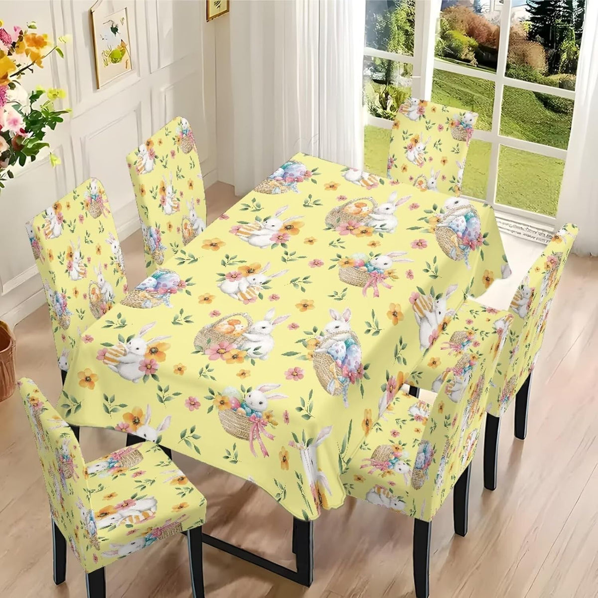 Easter Table Cloth Rectangle Table Set of 7 Include Kitchen Chair Covers and Tablecloths for Dining Room Banquet, Chair Seat Protector Cover, Easter Egg Bunny Floral Print Yellow