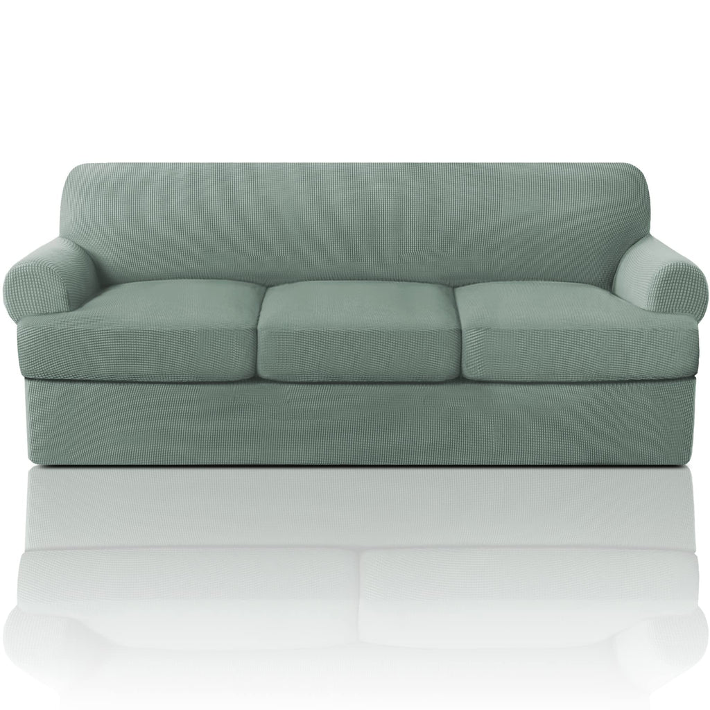 PrinceDeco T Cushion Loveseat Slipcover - 3 Pieces Sofa Cover for 2 Cushion Couch with 2 Individual T Shape Seat Covers Width Up to 76 Inch - Stretch, Machine Washable, Porcelain