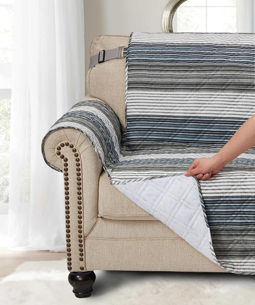Brilliant Sunshine Multi Grey Stripes Couch Loveseat Slip Cover for Dogs