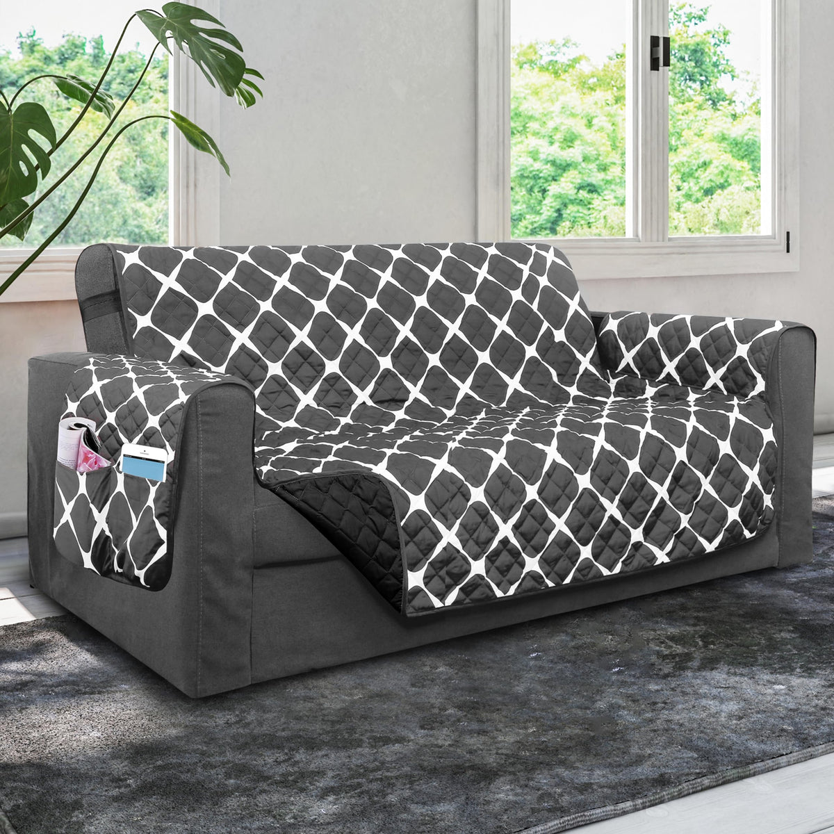 Elegant Comfort Quilted Furniture Protectors Solid and Printed Design Reversible Slipcovers Featuring Elastic Straps and Smart Pockets Great for Pets, and More, Bloomingdale Loveseat, Cream/Taupe