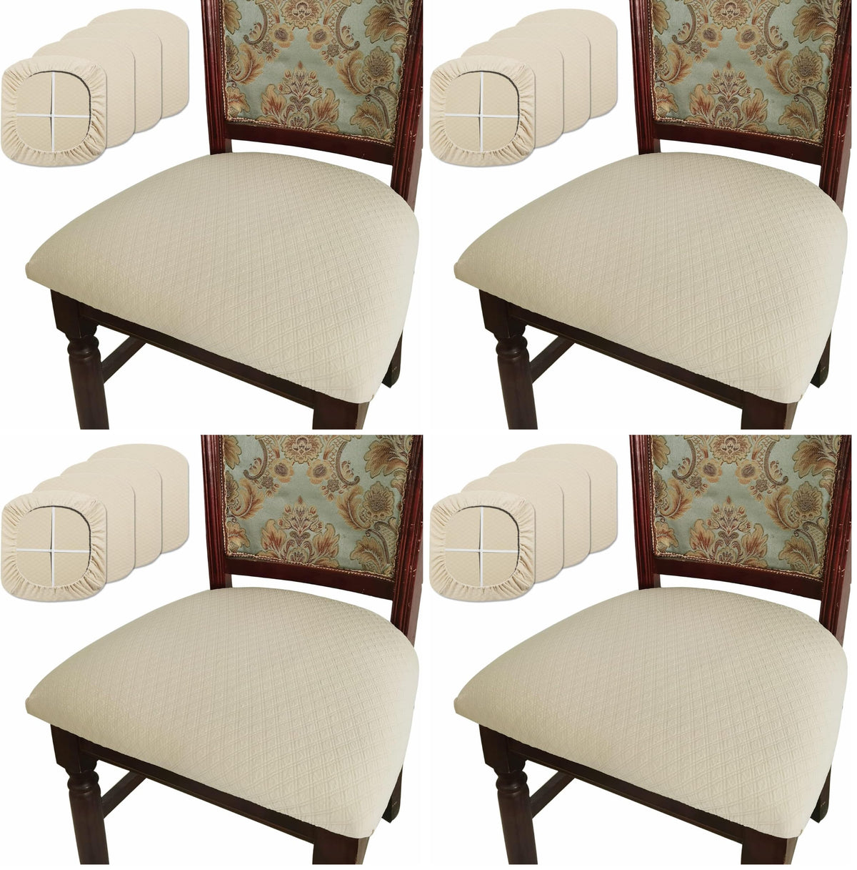 BUYUE Dining Room Chair Seat Covers Set of 6, TPU not Mixed, Friendly Jacquard Fabric Stretch Washable Slipcover for Kitchen Seat Cushions, Beige-6PCS