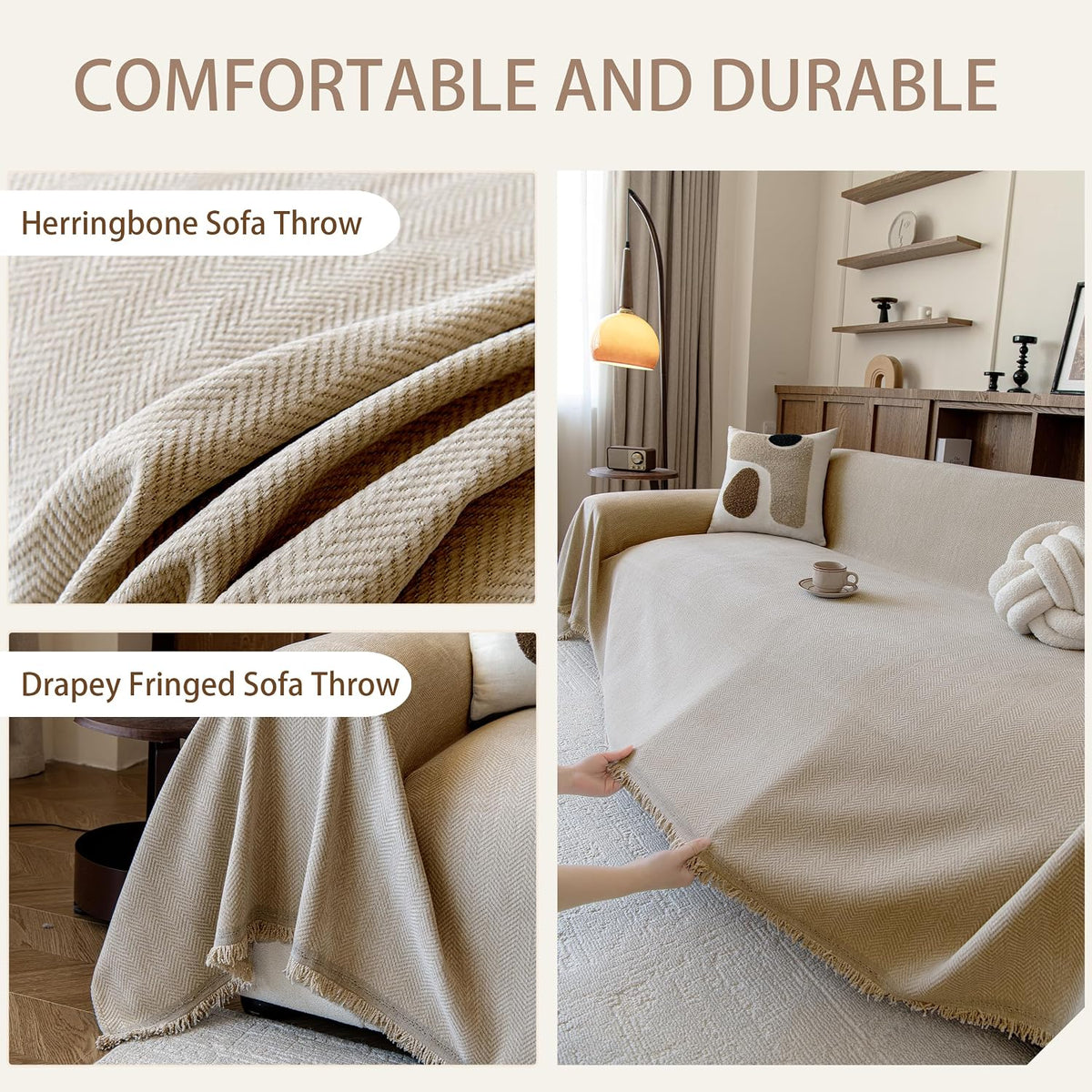 Couch Covers for Dogs 3 Cushion, Loveseat Slipcovers Washable, Pet L Shape Sectional Protector, Boho Sofa Blanket Cover, Herringbone Chenille, Light Khaki, 71"x118"