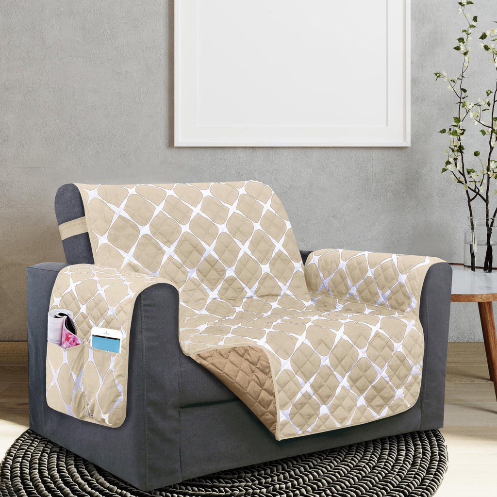 Elegant Comfort Quilted Furniture Protectors Solid and Printed Design Reversible Slipcovers Featuring Elastic Straps and Smart Pockets Great for Pets, and More, Bloomingdale Loveseat, Cream/Taupe