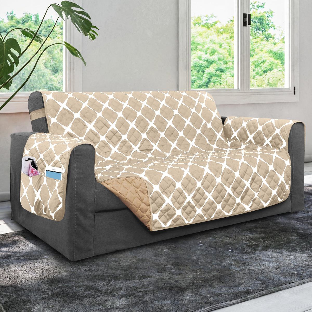 Elegant Comfort Quilted Furniture Protectors Solid and Printed Design Reversible Slipcovers Featuring Elastic Straps and Smart Pockets Great for Pets, and More, Bloomingdale Loveseat, Cream/Taupe