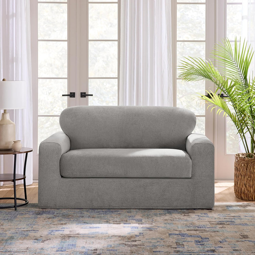 SureFit Cedar Stretch Texture Loveseat Slipcovers, Two-Piece Loveseat Cover and Cushion Cover for A Secure Fit, Machine Washable Cushion and Loveseat Covers, Gray