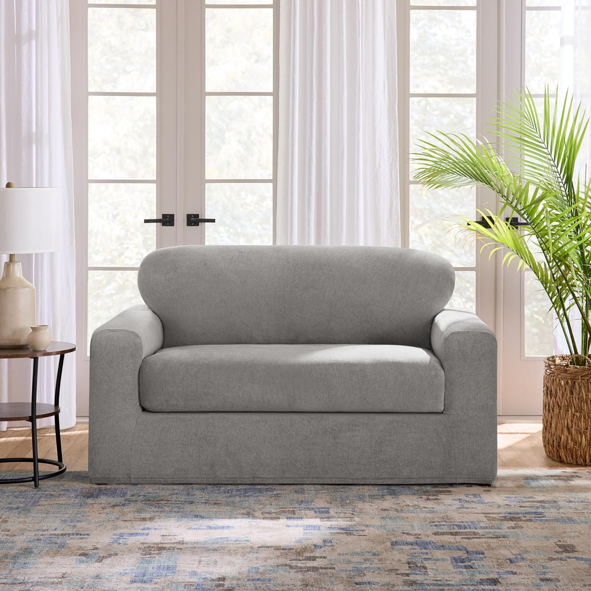SureFit Cedar Stretch Texture Loveseat Slipcovers, Two-Piece Loveseat Cover and Cushion Cover for A Secure Fit, Machine Washable Cushion and Loveseat Covers, Gray