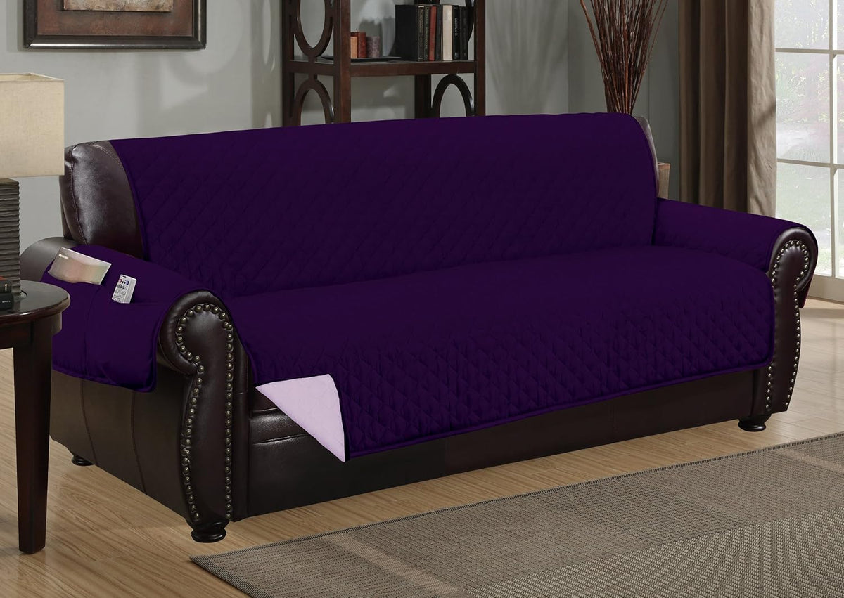 Crystal Trading Furniture Protector Slipcover - Reversible Quilted - Machine Washable - Polyester - Durable Fabric - 2 Pockets for Magazines, Newspapers, Remotes (Sofa, Purple-Light Purple)