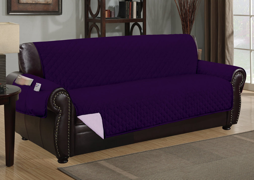 Crystal Trading Furniture Protector Slipcover - Reversible Quilted - Machine Washable - Polyester - Durable Fabric - 2 Pockets for Magazines, Newspapers, Remotes (Sofa, Purple-Light Purple)