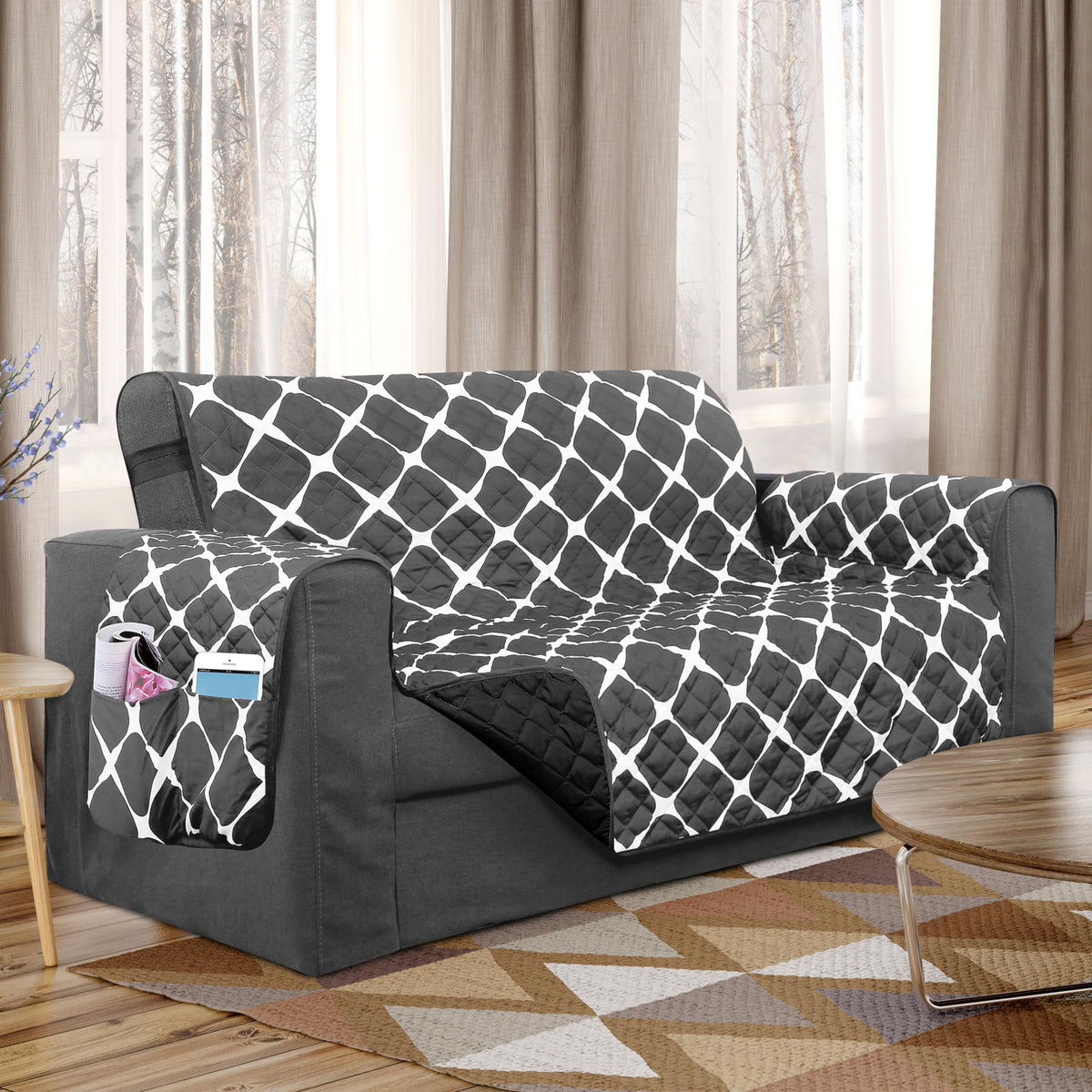 Elegant Comfort Quilted Furniture Protectors Solid and Printed Design Reversible Slipcovers Featuring Elastic Straps and Smart Pockets Great for Pets, and More, Bloomingdale Loveseat, Cream/Taupe