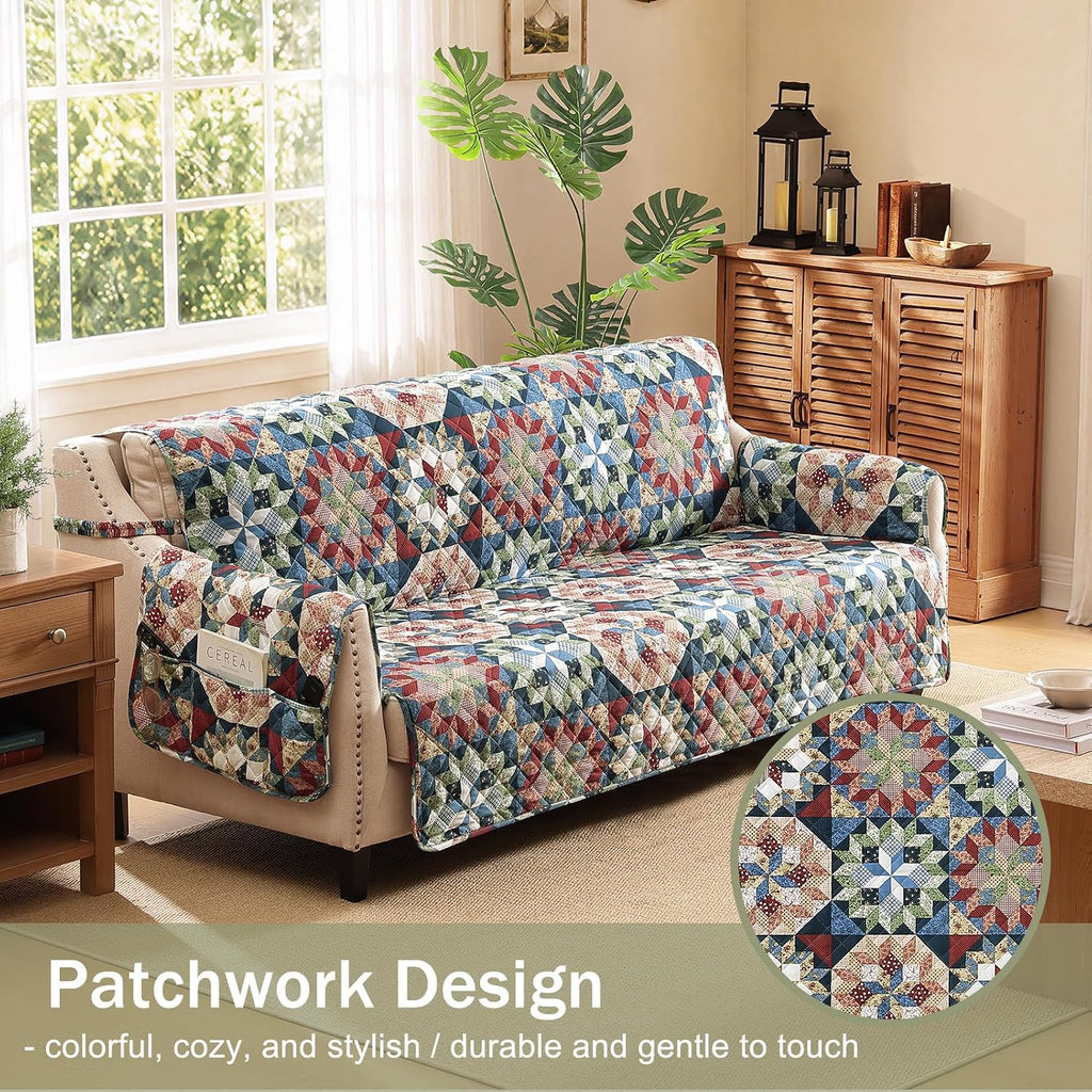 Patchwork Loveseat Covers for 2 Cushion Couch, Soft Quilted Couch Covers, Love Seat Couch Cover Pet Friendly for Sofa Couches, Washable Loveseat Slipcovers (Loveseat 48", Patchwork Red)