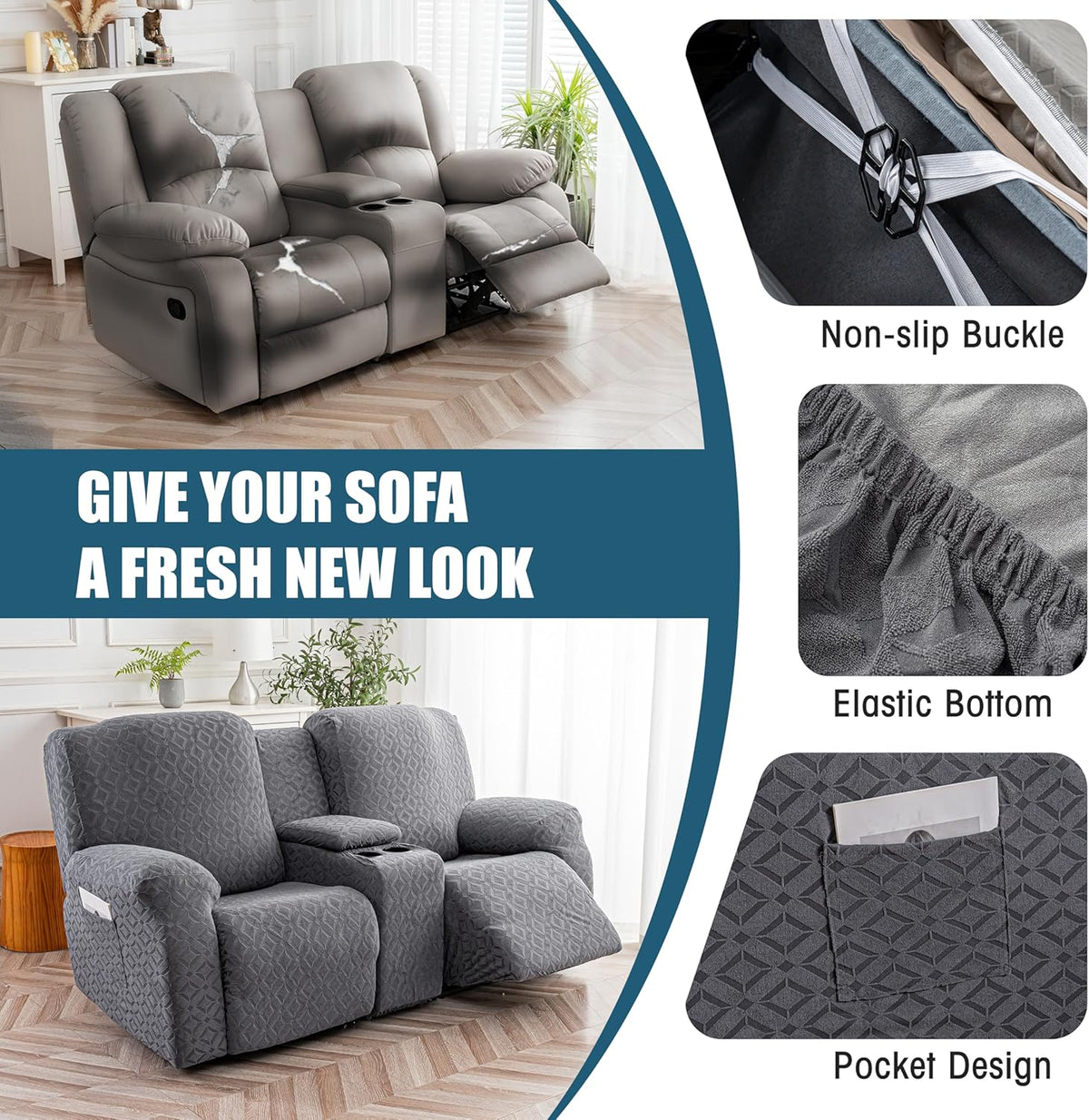 Genina Waterproof Recliner Loveseat Cover,2 Seat with Console,Dark Gray