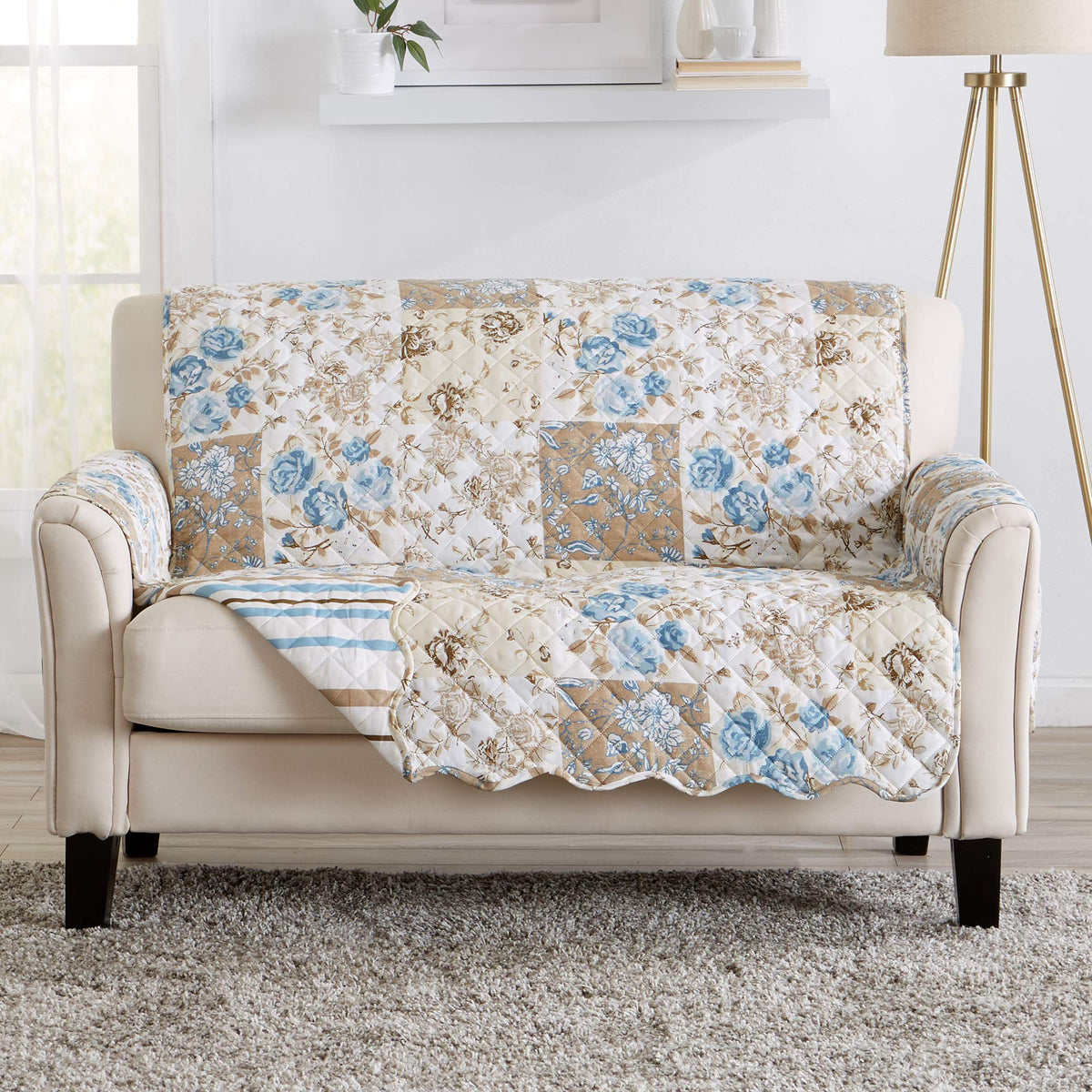 Great Bay Home Reversible Patchwork Sofa Cover - Washable Slipcover Furniture Protector with Elastic Straps - Perfect for Kids & Pets - Box-Stitched Detail (Taupe)