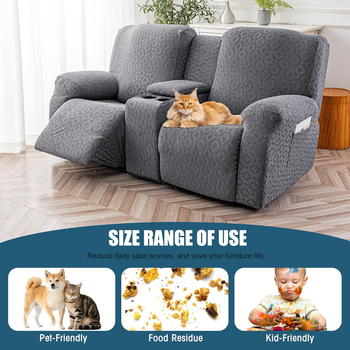Genina Waterproof Recliner Loveseat Cover,2 Seat with Console,Dark Gray
