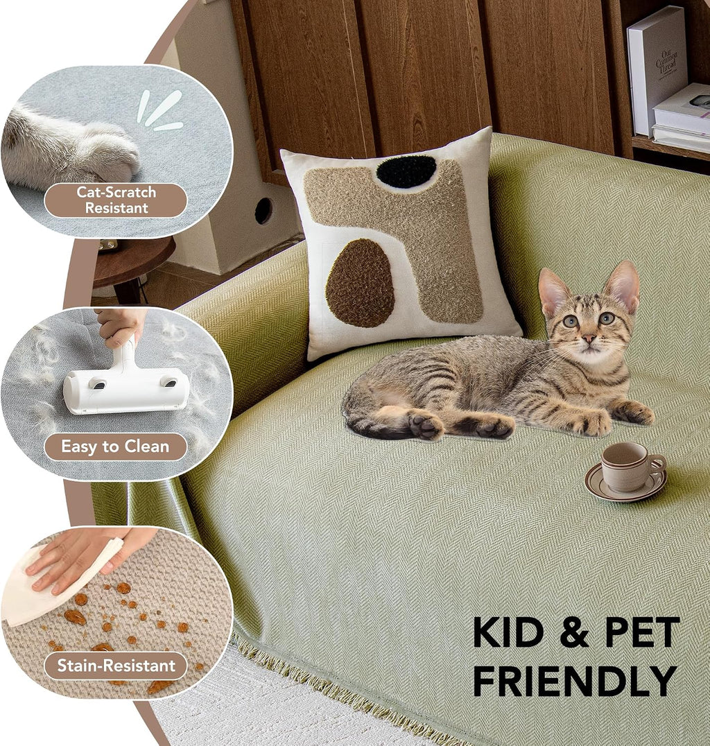 Couch Covers for Dogs 3 Cushion, Loveseat Slipcovers Washable, Pet L Shape Sectional Couch Protector, Boho Sofa Blanket Cover, Herringbone Chenille, Green, 71"x118"