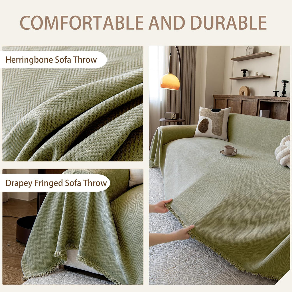 Couch Covers for Dogs 3 Cushion, Loveseat Slipcovers Washable, Pet L Shape Sectional Couch Protector, Boho Sofa Blanket Cover, Herringbone Chenille, Green, 71"x118"