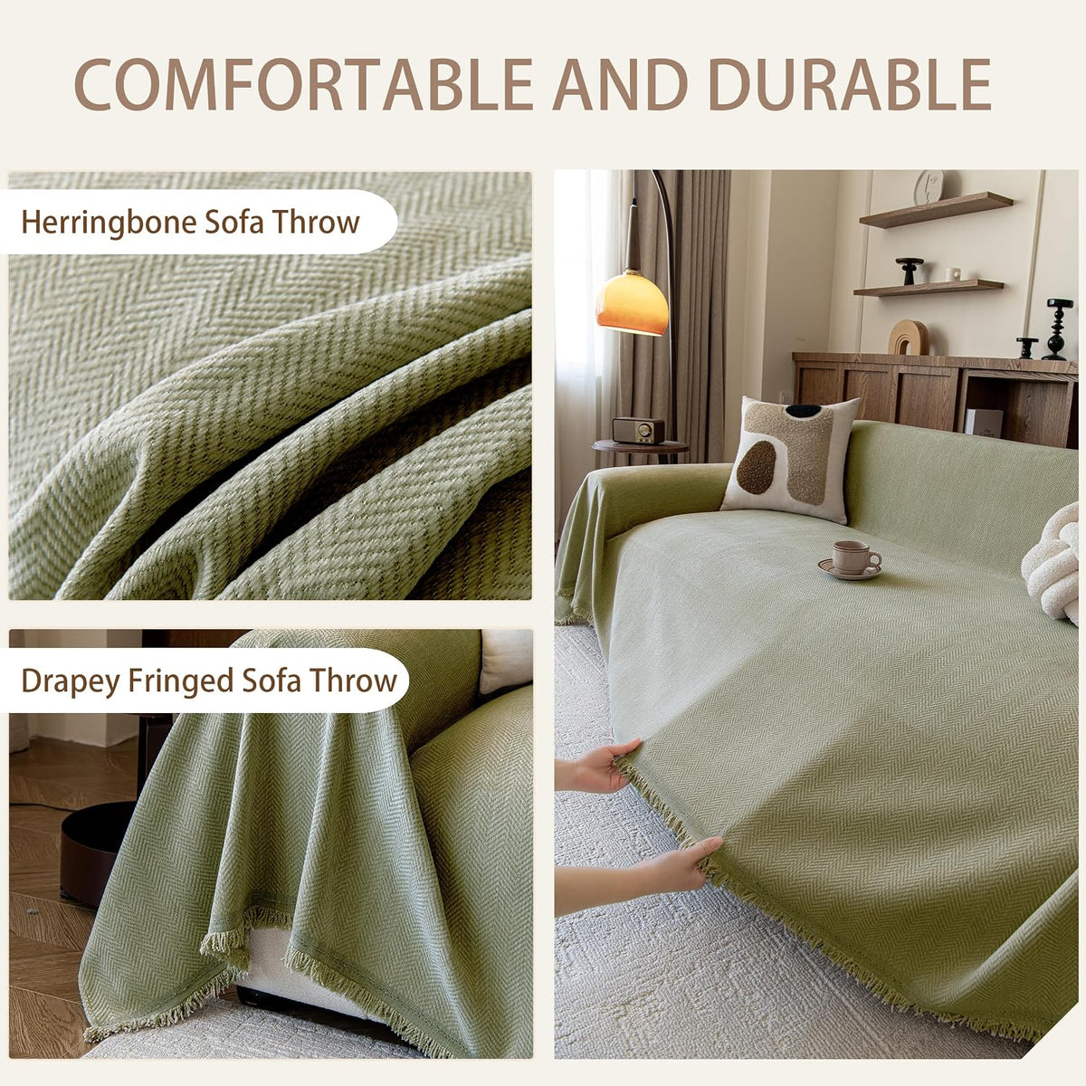 Couch Covers for Dogs 3 Cushion, Loveseat Slipcovers Washable, Pet L Shape Sectional Couch Protector, Boho Sofa Blanket Cover, Herringbone Chenille, Green, 71"x118"