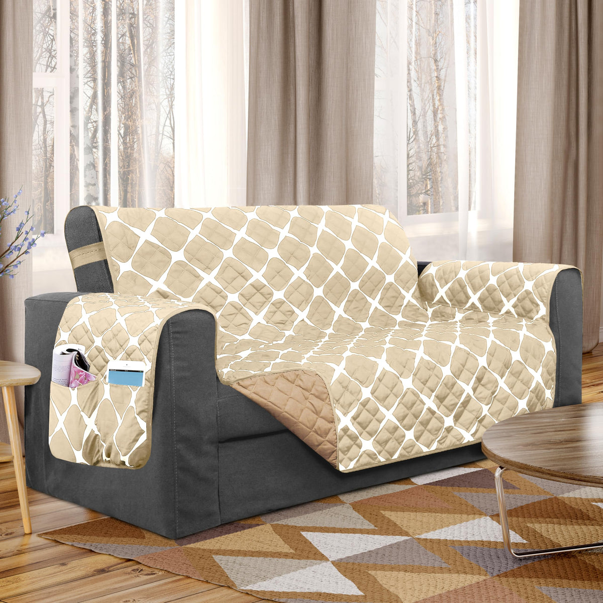 Elegant Comfort Quilted Furniture Protectors Solid and Printed Design Reversible Slipcovers Featuring Elastic Straps and Smart Pockets Great for Pets, and More, Bloomingdale Loveseat, Cream/Taupe