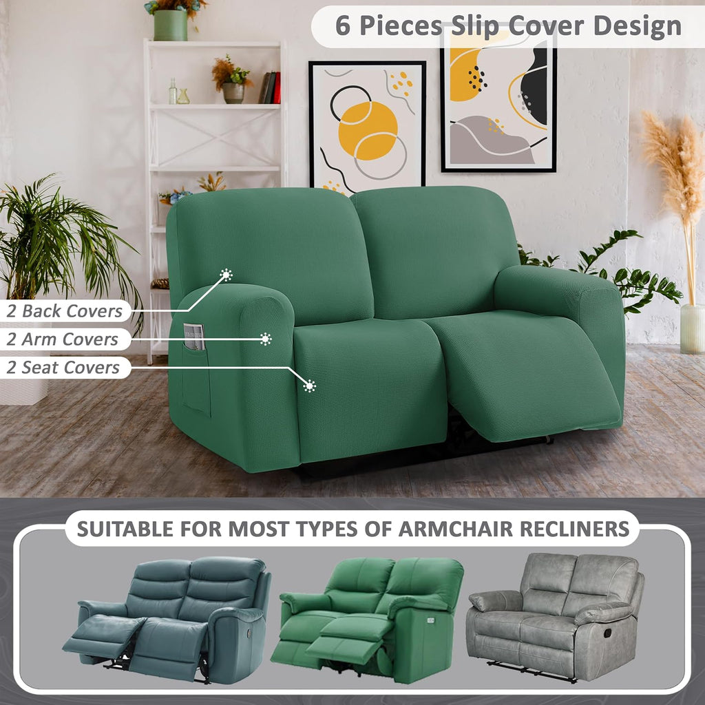 ULTICOR Jacquared Design, Reclining Loveseat Slipcover, 48" - 65" L, 2 Seat 6-Piece Recliner Cover, Washable (Retro Green)